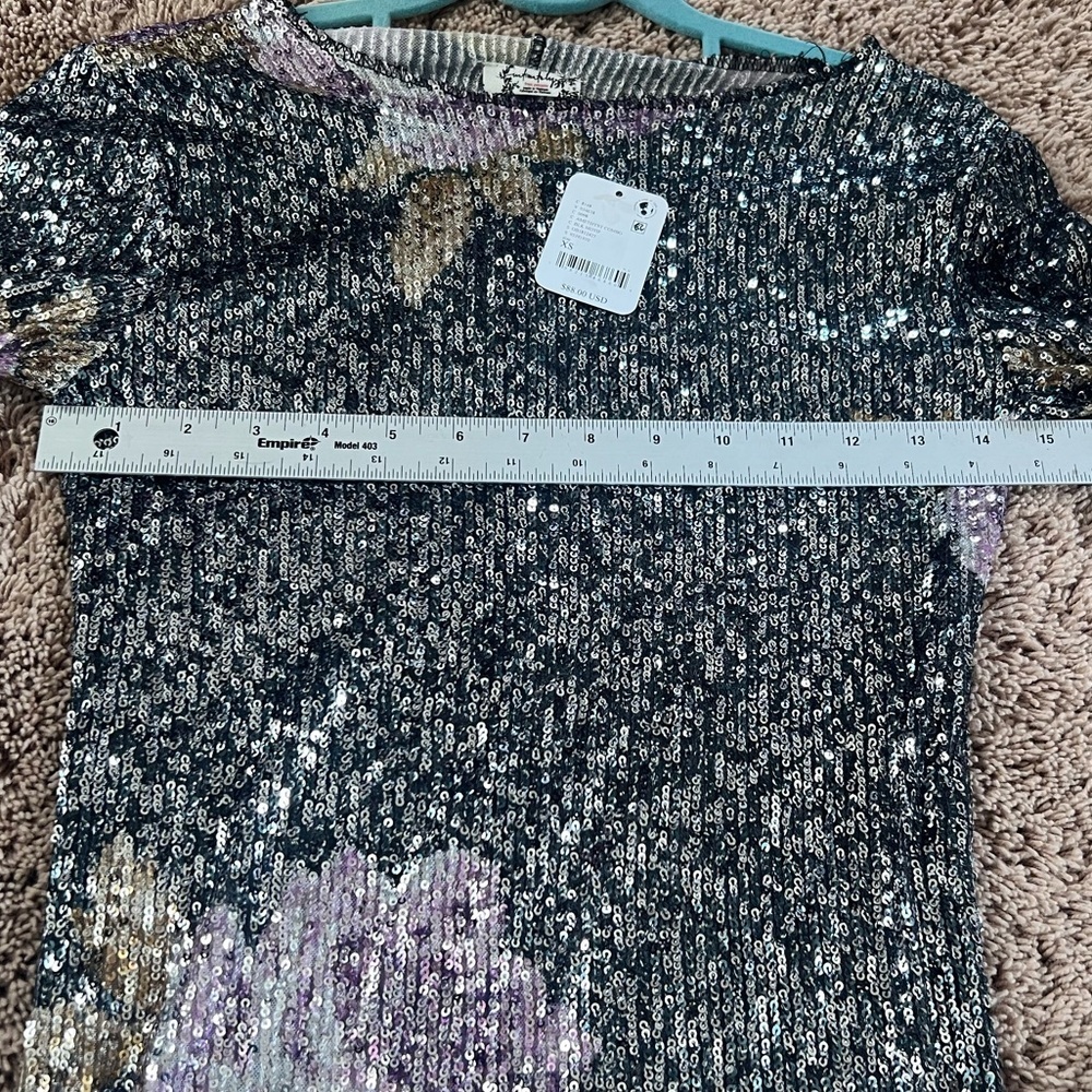 NWT new XS free people Gold Rush Floral Sequin Long Sleeve Top black purple - Picture 12 of 15